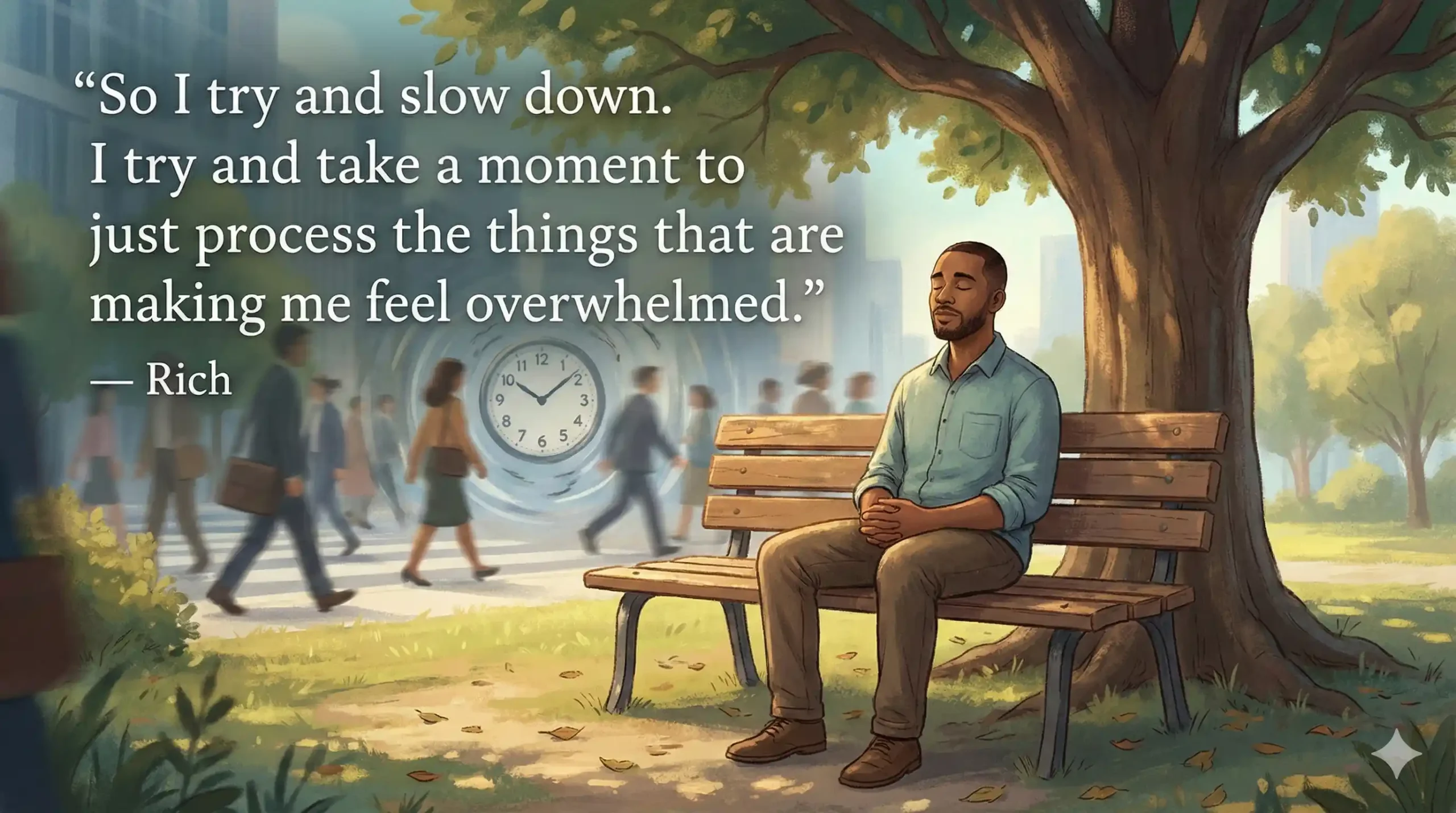 “So, I try and slow down. I try and take a moment to just process the things that are making me feel overwhelmed.” — Rich 
