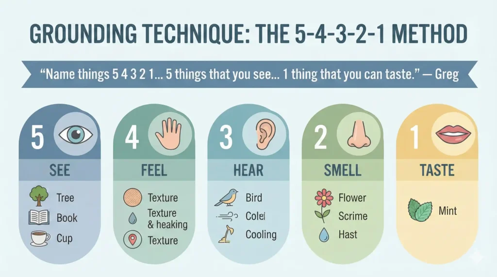 The 5-4-3-2-1 grounding technique for anxiety (30–90 seconds)