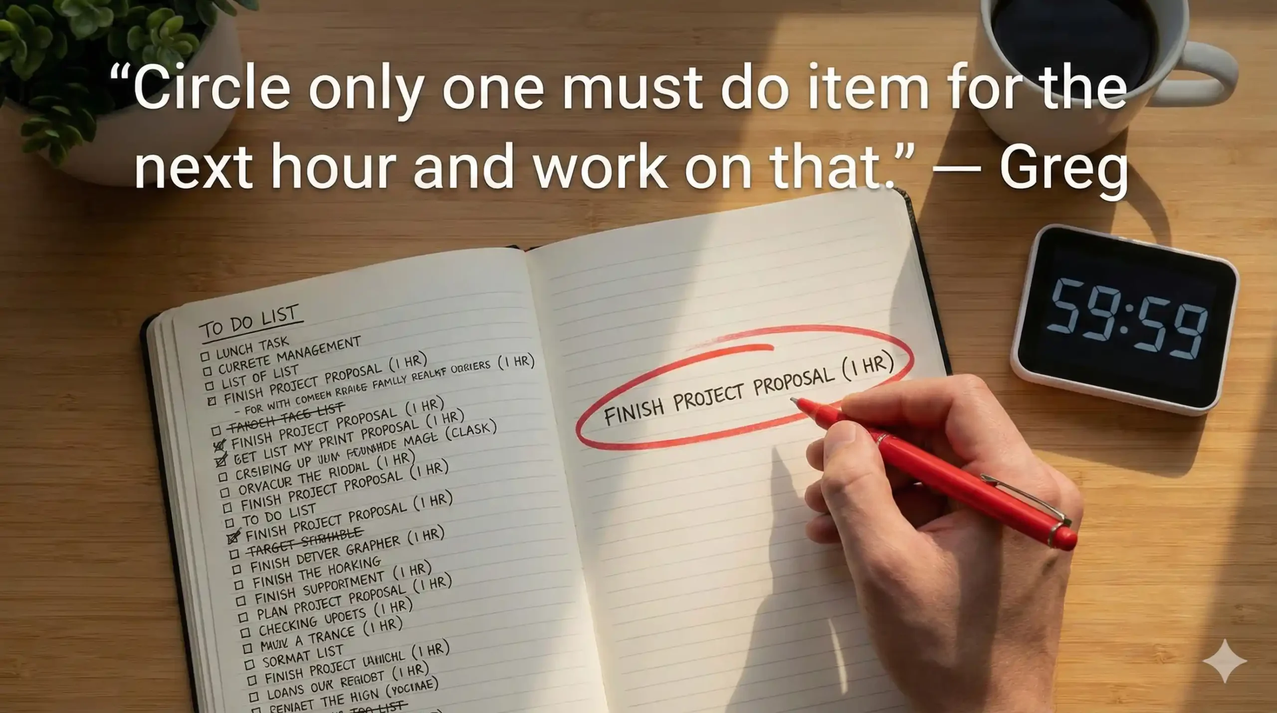 When overwhelmed, work on only one item for the next hour!