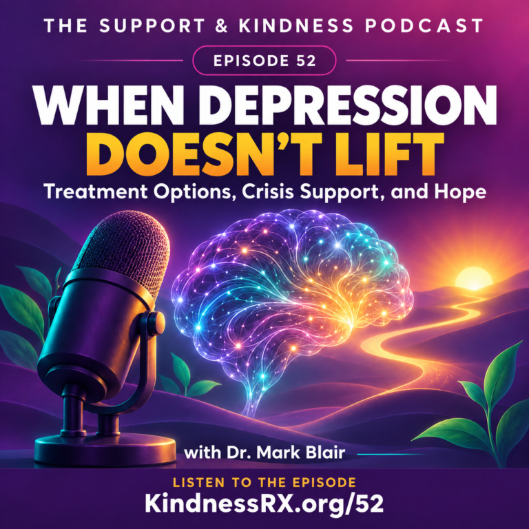 Episode 52 cover for The Support and Kindness Podcast about depression treatment options, crisis support, and hope with Dr. Mark Blair
